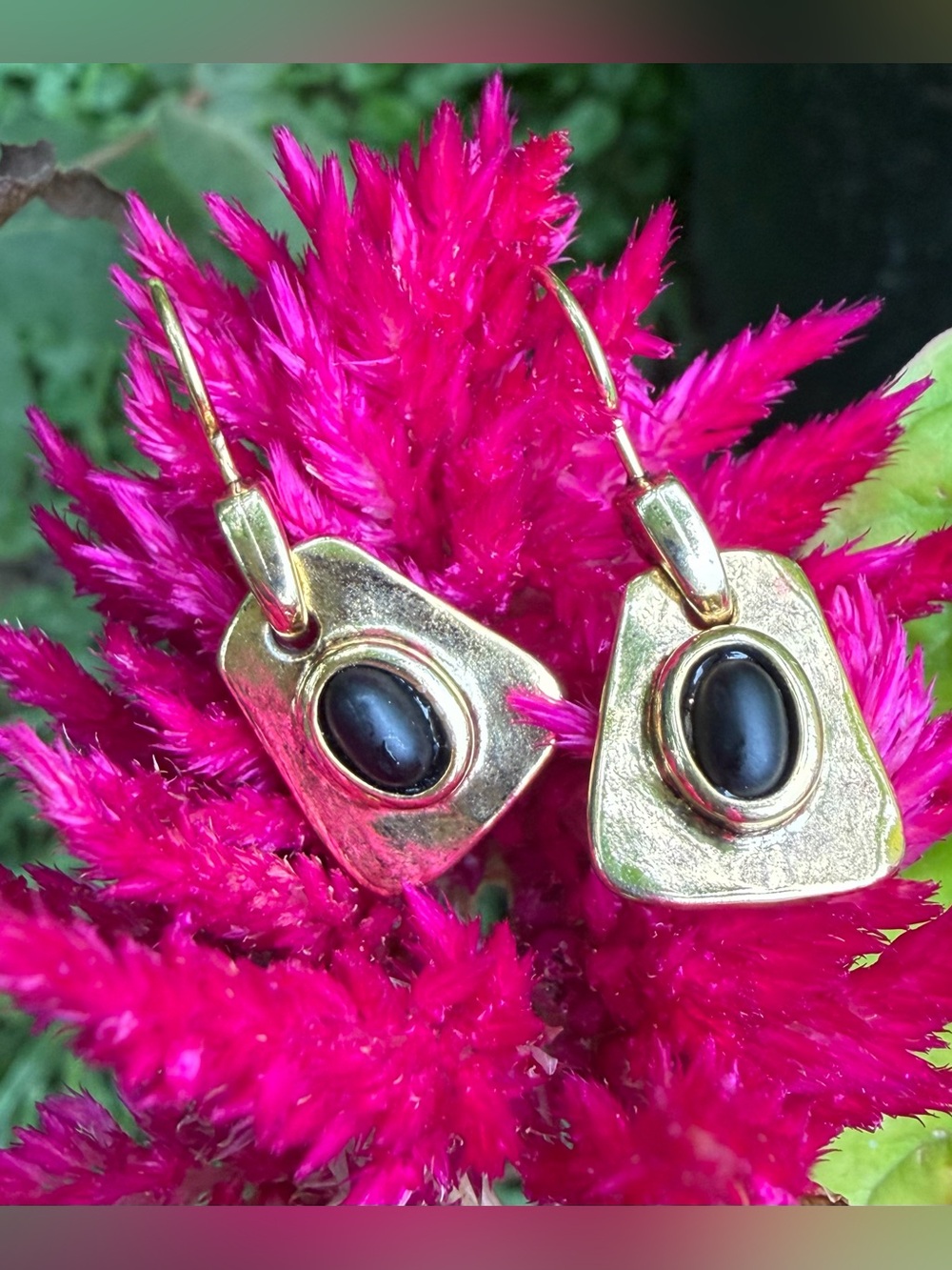 Gold-Tone Earrings with Black Cabochon Accent